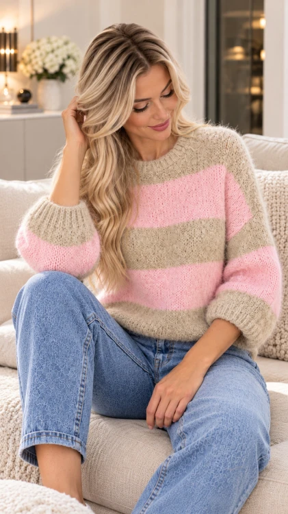 DAMSKI SWETER CHMURKA PASKI BEŻOWO RÓŻOWE.jpg